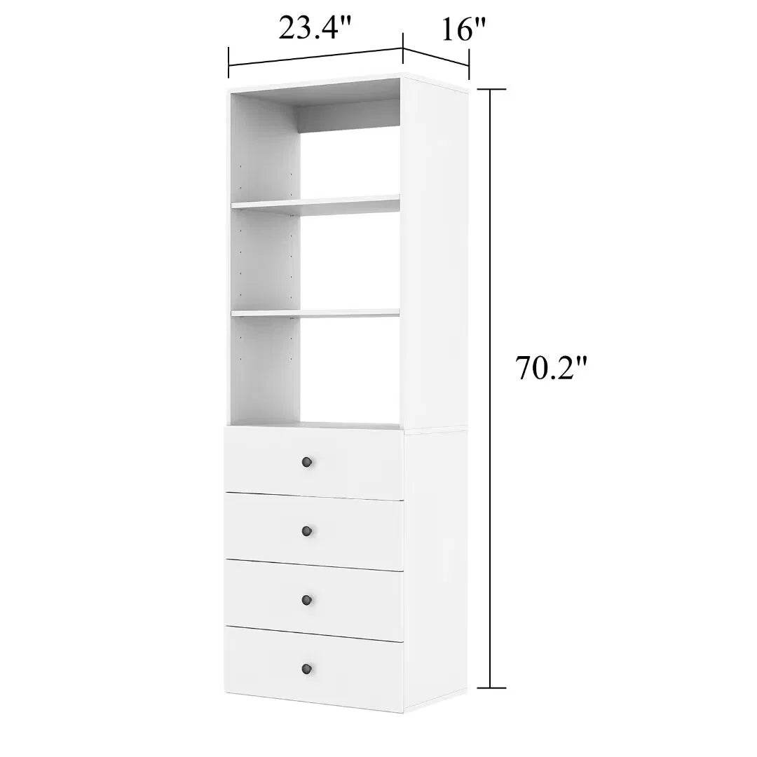 70.2" H LivelyLodge Wooden Modular Closet Organizer ‚Äì Modern Open Wardrobe System with 4 Drawers for Bedroom & Coatroom, White Finish
