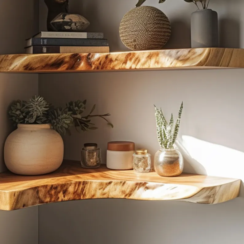 Natural Wood Corner Shelf for Books and Plants